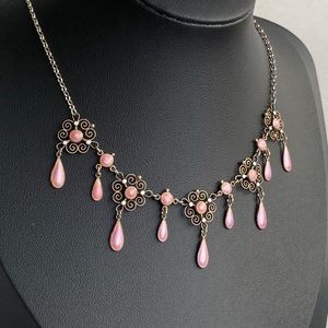 Vintage pink Victorian inspired filagree and enamel necklace with magnet clasp
